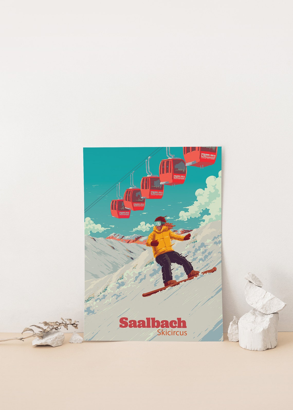 Saalbach Skicircus Red Gondolas Snowboarder Alpine Vintage Poster - Image 4