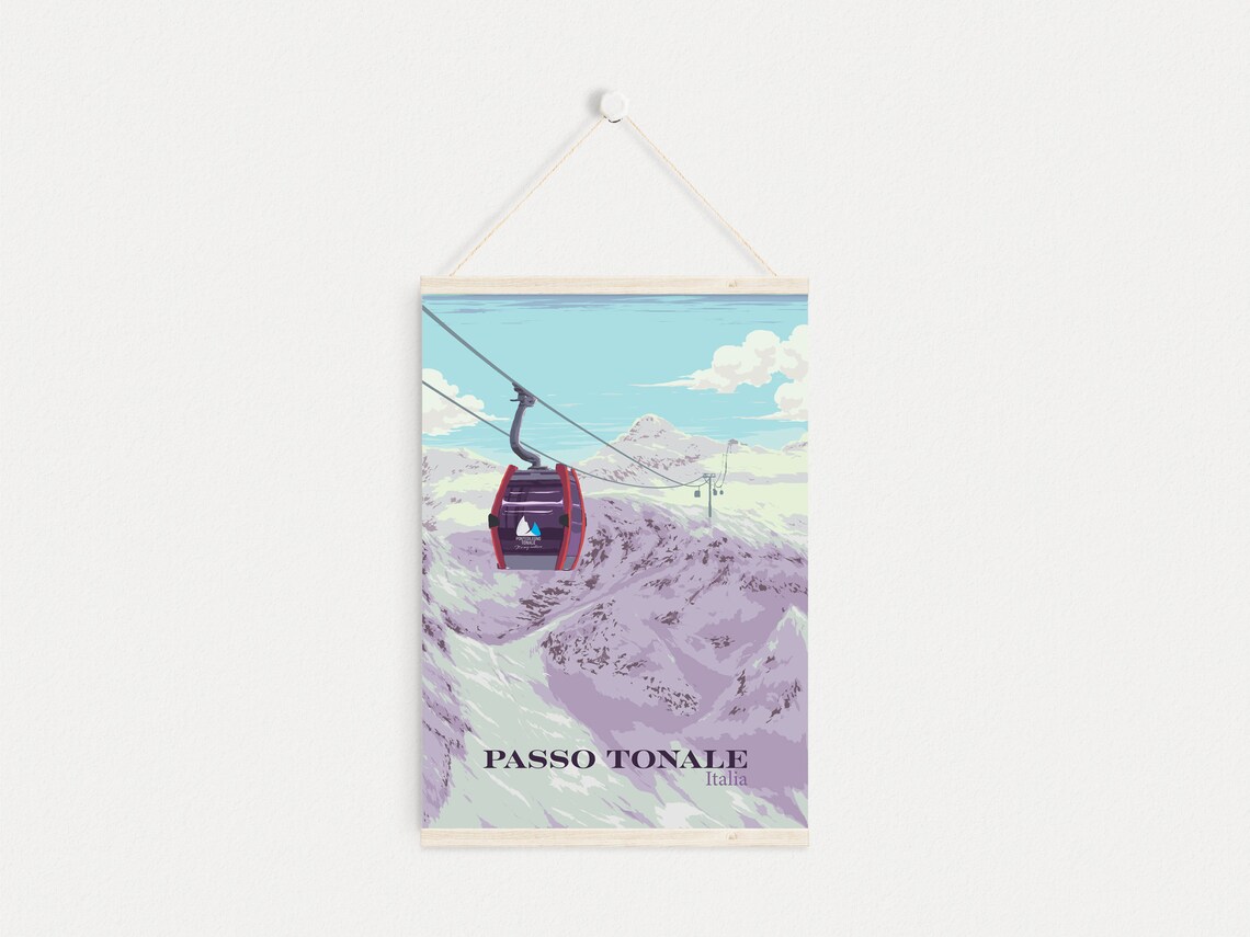 Passo Tonale Italy Red Gondola Snowy Peaks Vintage Ski Poster - Image 4