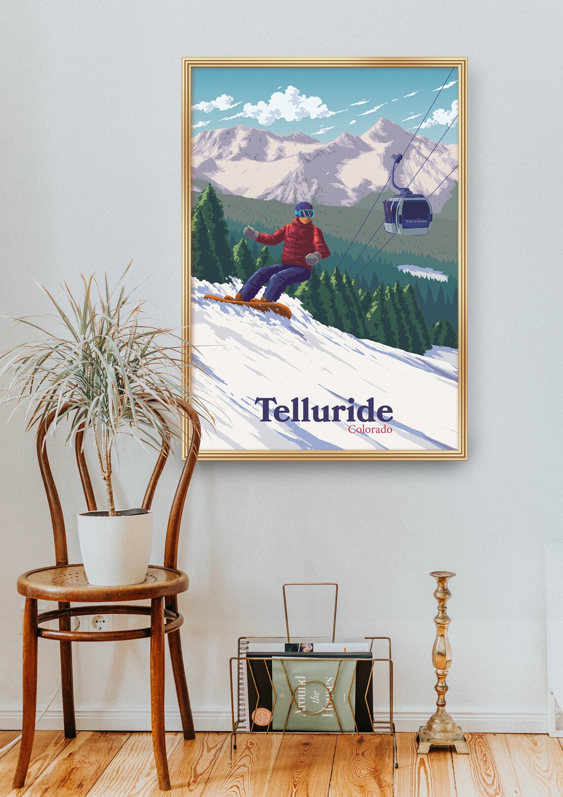 Telluride Colorado Snowboarder On Powder With Gondola View Poster - Image 2