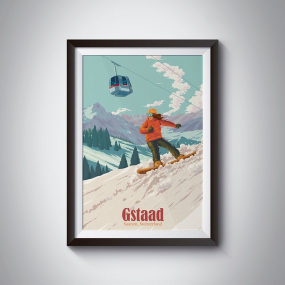 Gstaad Snowboarding Poster Switzerland Skiing Print Swiss Alps Wall Art Glacier 3000 Vintage Ski Resort Zermatt Verbier Saint Moritz