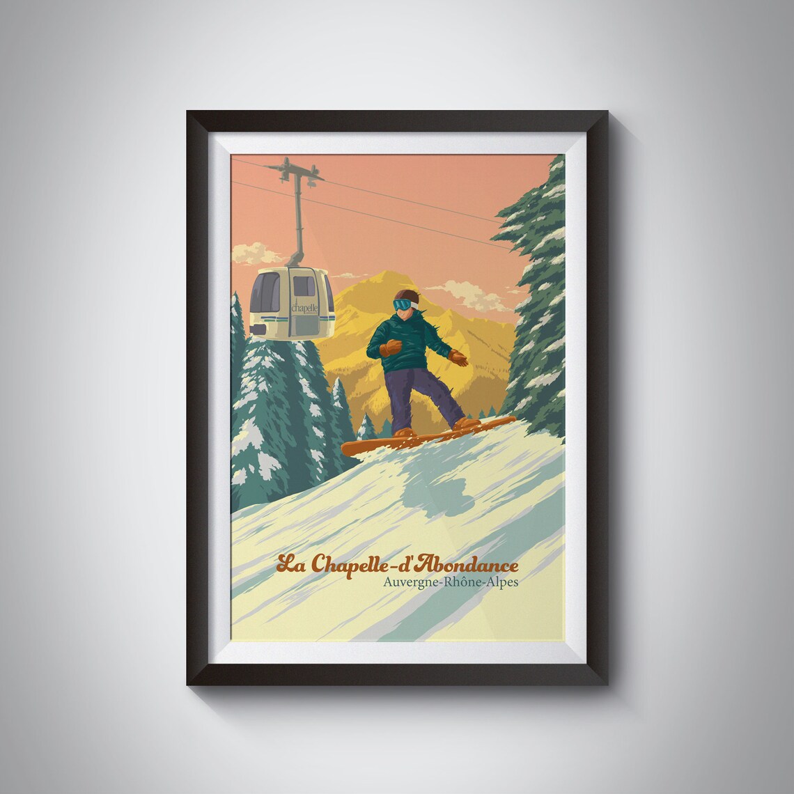 La Chapelle d'Abondance France Snowboarding Poster with Gondola Cabin
