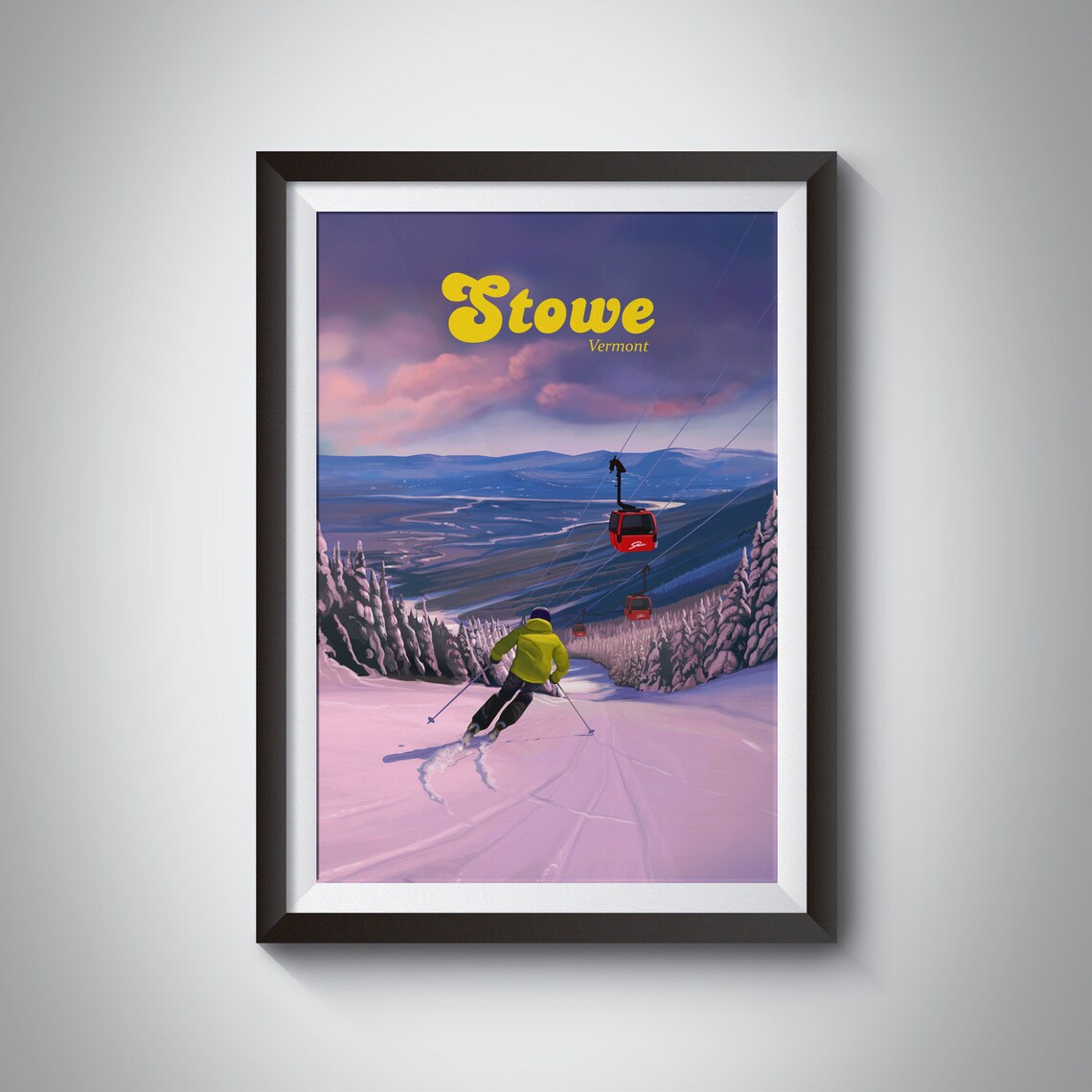 Stowe Vermont Skier Sunset Gondola Mountain Retro Travel Poster