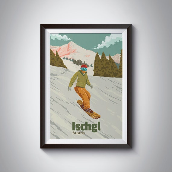 Ischgl Snowboarding Poster Austria Travel Print Paznaun Valley Ski Resort St Anton Ski Season Tyrol Vintage Ski Art Skiing Gift
