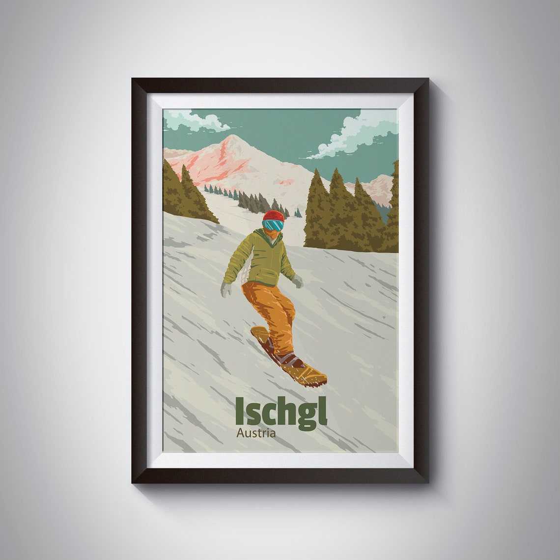 Ischgl Austria Vintage Snowboarder Alpine Slope Travel Poster