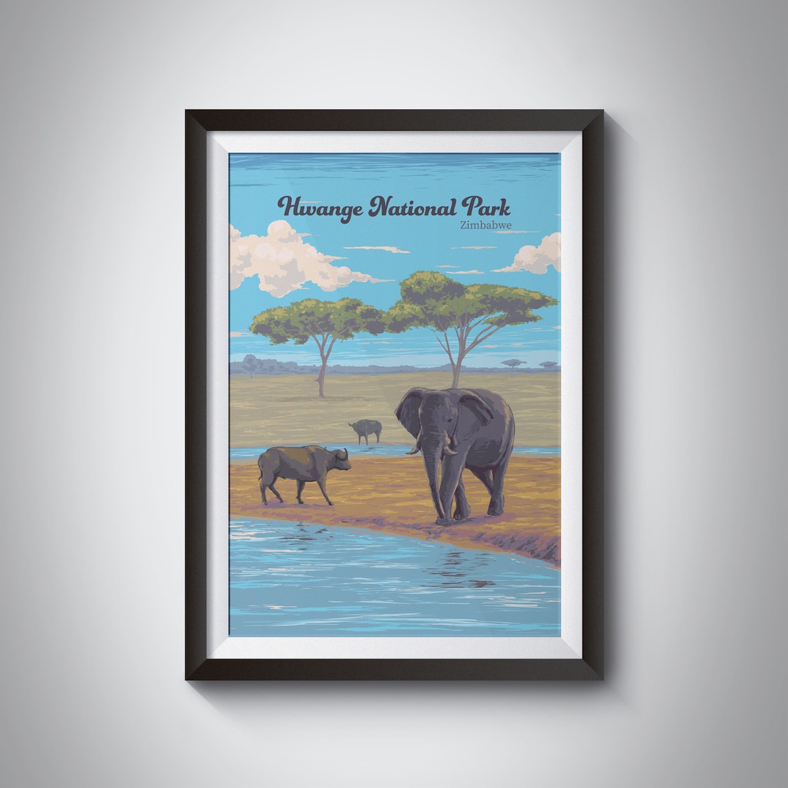 Hwange National Park Zimbabwe Elephant Safari Waterhole Travel Poster