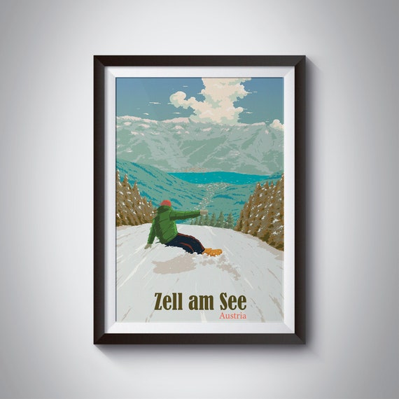Zell Am See Kaprun Austria Snowboarding Poster Skiing Print Salzburg Ski Resort Kitzbuhel Lake Zell Schmittenhhe Wall Art Decor Gift
