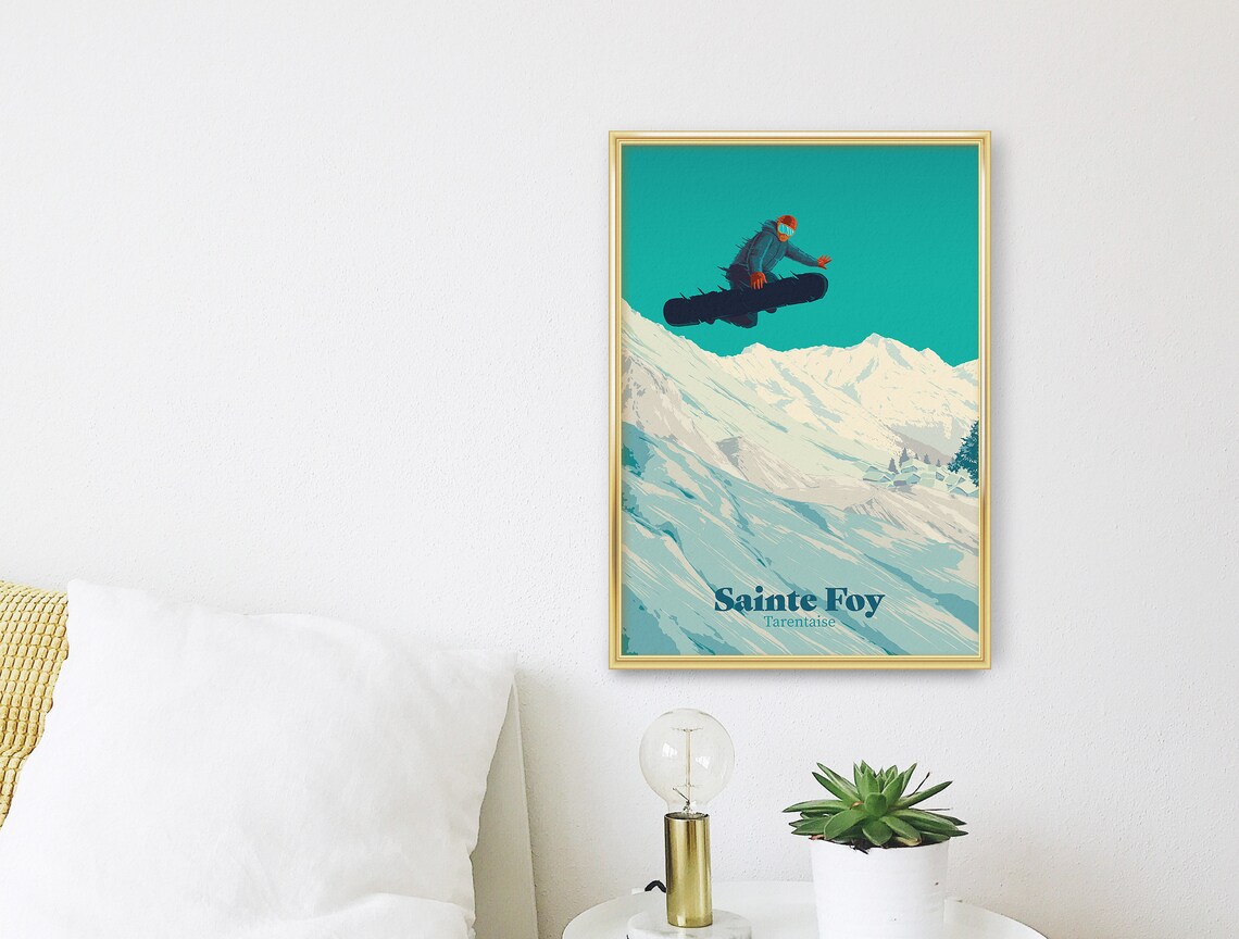 Sainte Foy Tarentaise Freeride Jump Teal Sky Vintage Ski Poster - Image 3