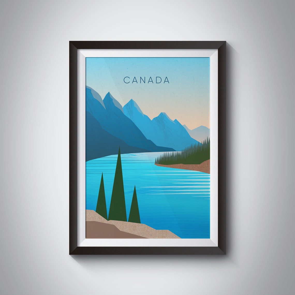 Canada Blue Lake Peaks Minimalist Poster, Pine Forest Mountain Art