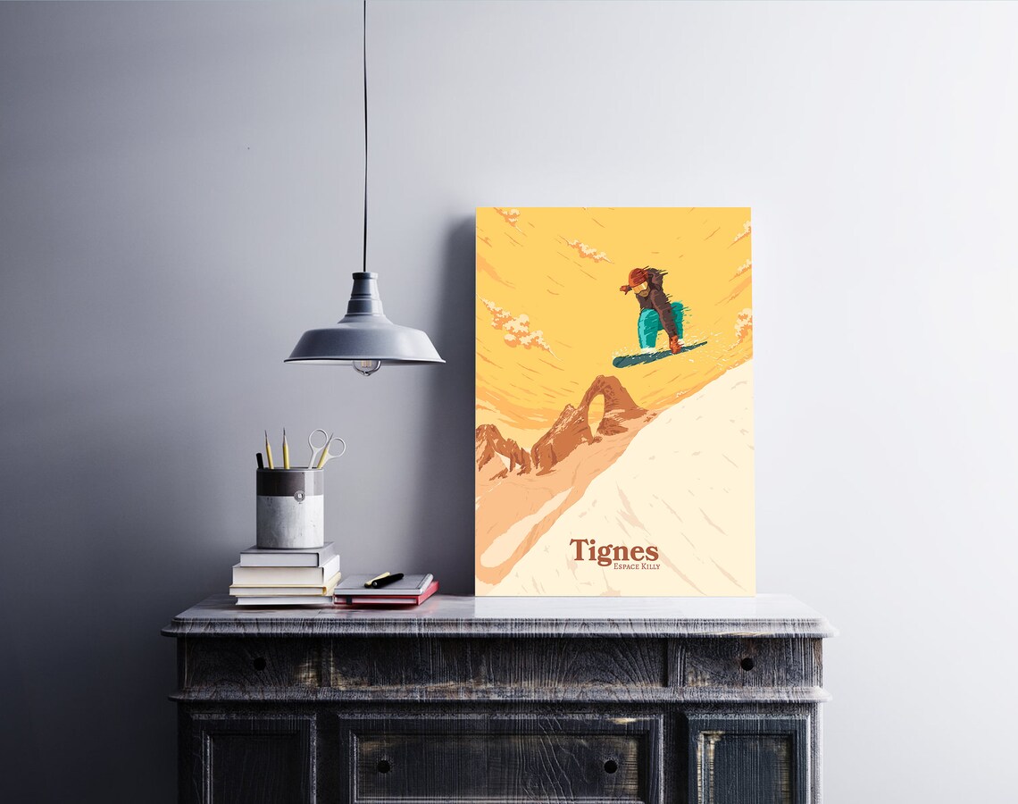 Tignes France Airborne Snowboarder Rock Arch Golden Sky Ski Poster - Image 4