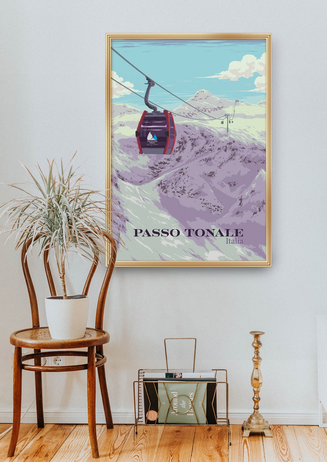 Passo Tonale Italy Red Gondola Snowy Peaks Vintage Ski Poster - Image 2