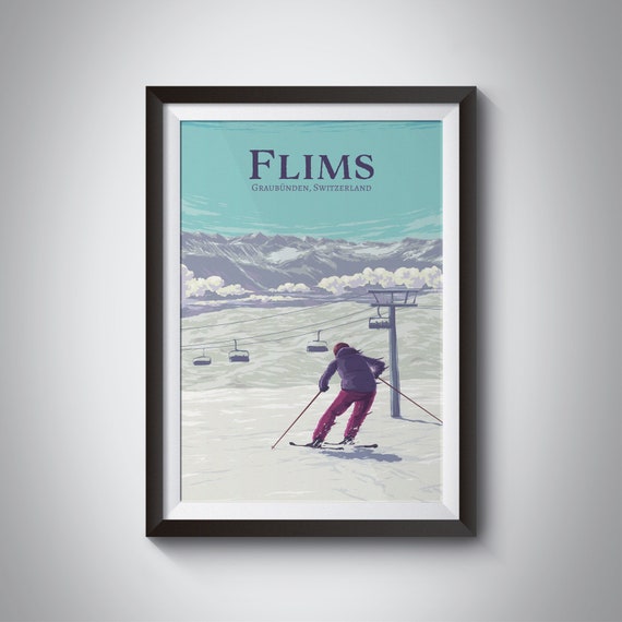 Flims Ski Resort Poster Switzerland Flims Laax Falera Imboden Region Snowboarding Vintage Travel Print Retro Skiing Art Swiss Alps