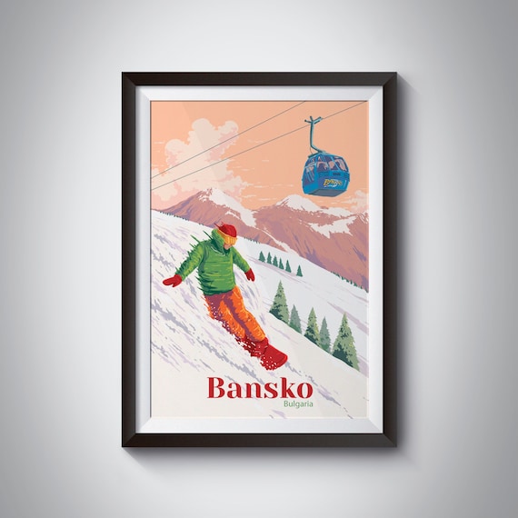 Bansko Bulgaria Snowboarding Travel Poster, Vintage Skiing