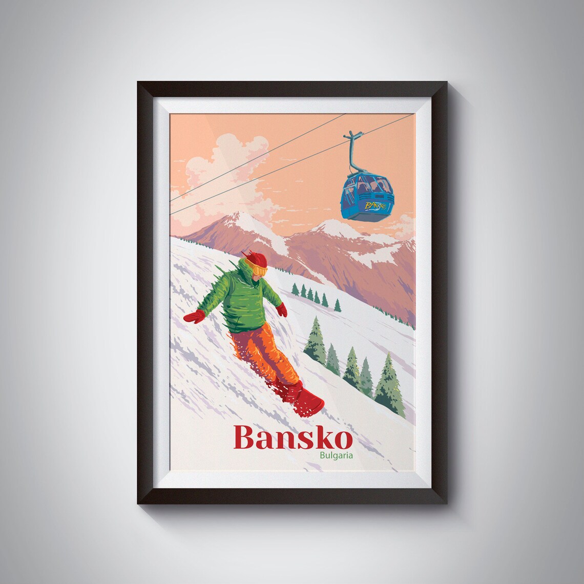 Bansko Bulgaria Snowboarding Travel Poster, Vintage Skiing