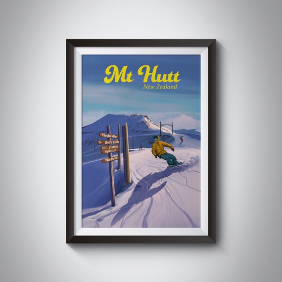 Mt Hutt Snowboarding Poster Mount Hutt New Zealand Vintage Ski Resort Print Skiing Wall Art Christchurch The Remarkables Travel Poster