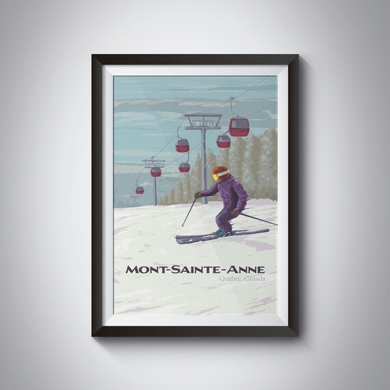 Mont Sainte Anne Quebec Canada Red Gondola Skier Retro Ski Travel Poster