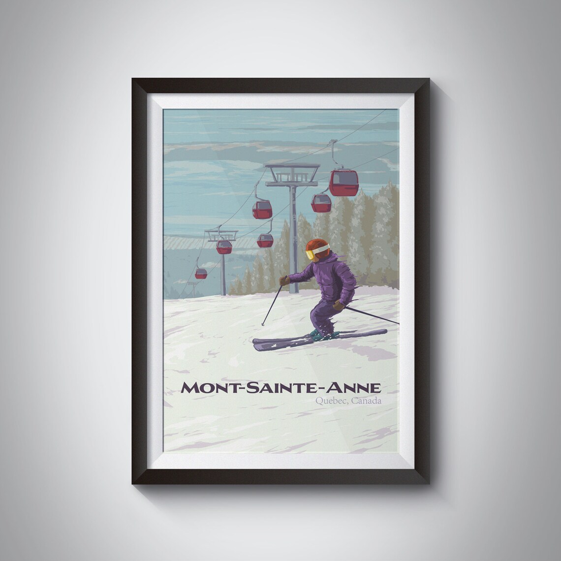 Mont Sainte Anne Quebec Canada Red Gondola Skier Retro Ski Travel Poster