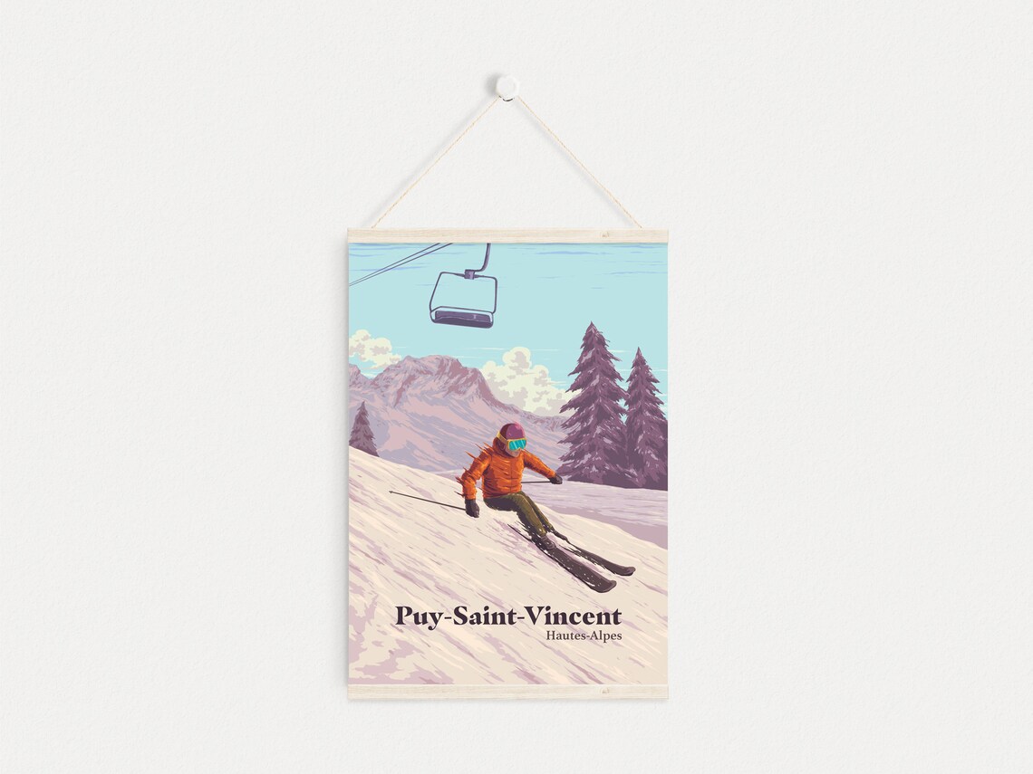 Puy Saint Vincent Hautes Alpes France Skier on Vintage Slope Poster - Image 4