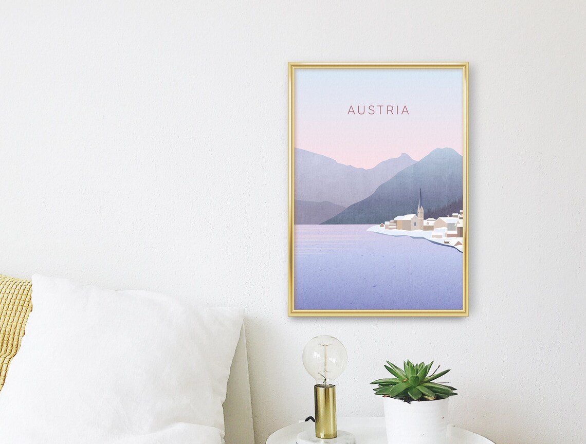 Austria Hallstatt Lakeside Village Alpine Dusk Minimalist Poster - Image 3