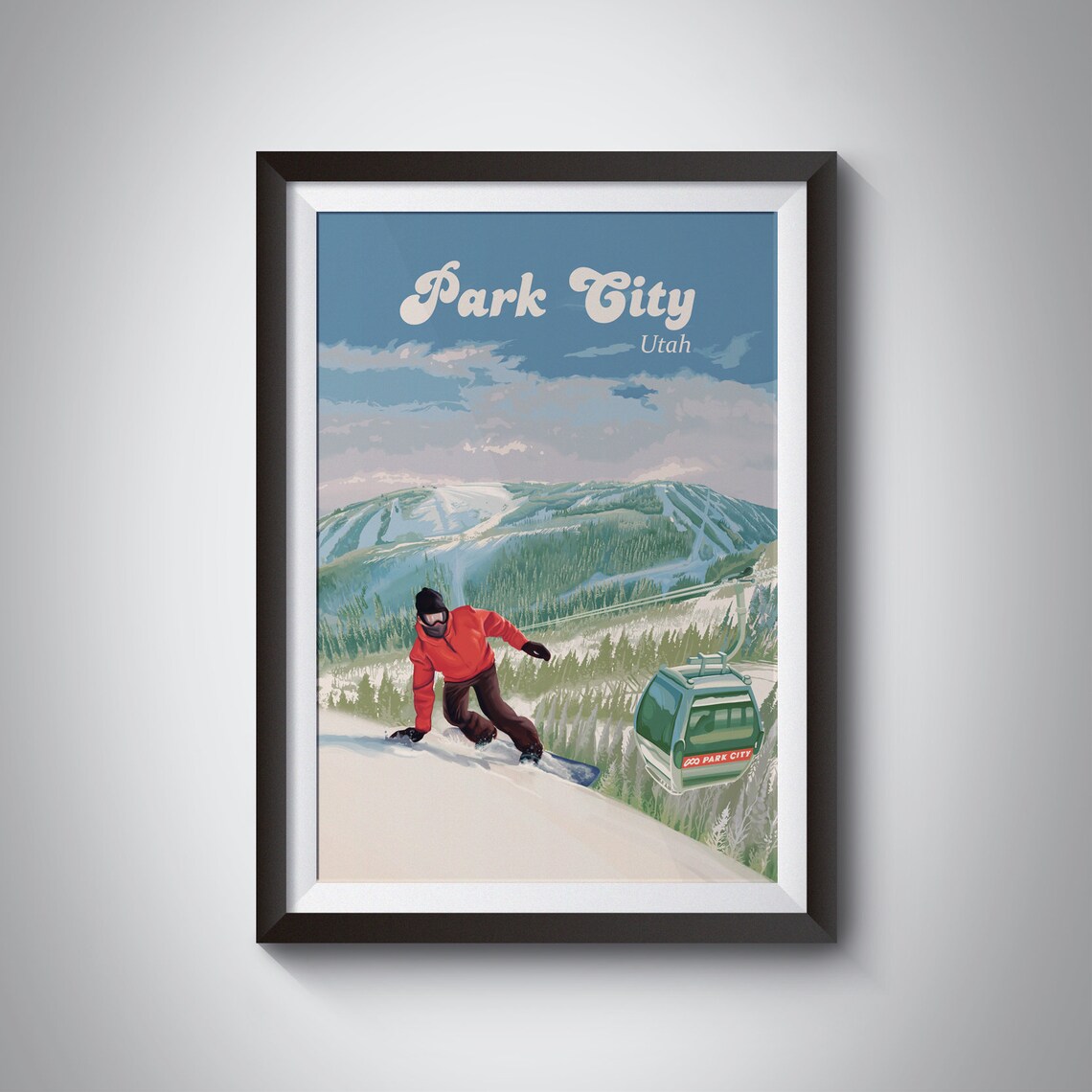 Park City Utah Snowboarder Gondola Mountain Vintage Travel Poster