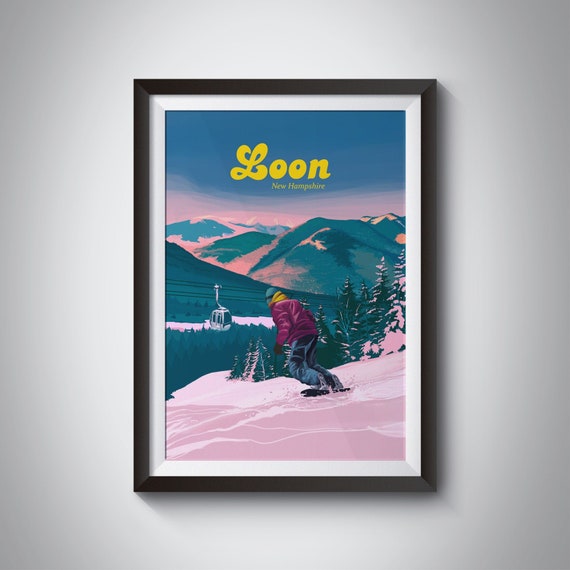 Loon Mountain Snowboarding Poster New Hampshire Usa Skiing Vintage Travel Print New England White Mountain National Forest Ski Resort