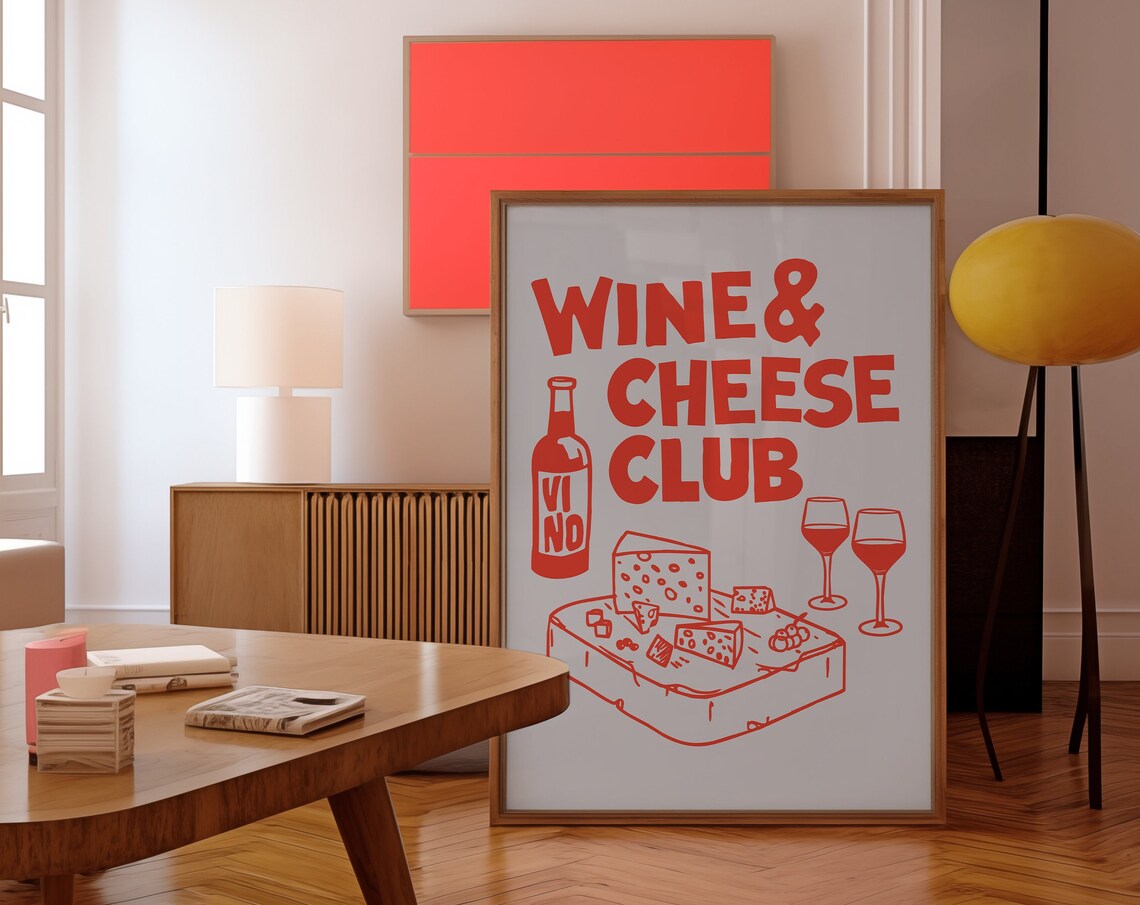 Wine and Cheese Club Retro Red Typography Kitchen Bar Poster