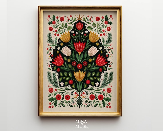 Christmas Folk Floral Red Tulip Pine Berry Holiday Tree Poster
