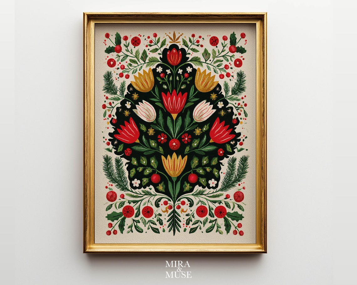 Christmas Folk Floral Red Tulip Pine Berry Holiday Tree Poster