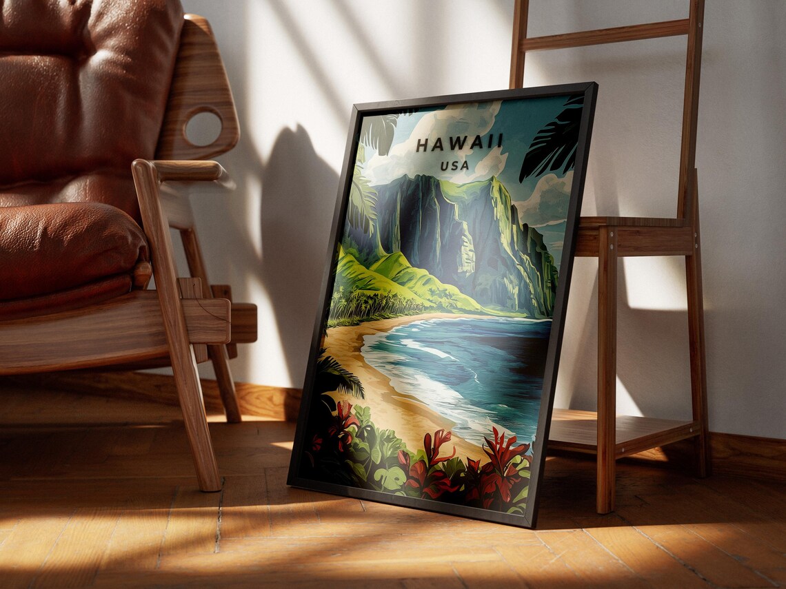 Hawaii USA Golden Tropical Beach Palms Mountains Travel Poster - Image 2