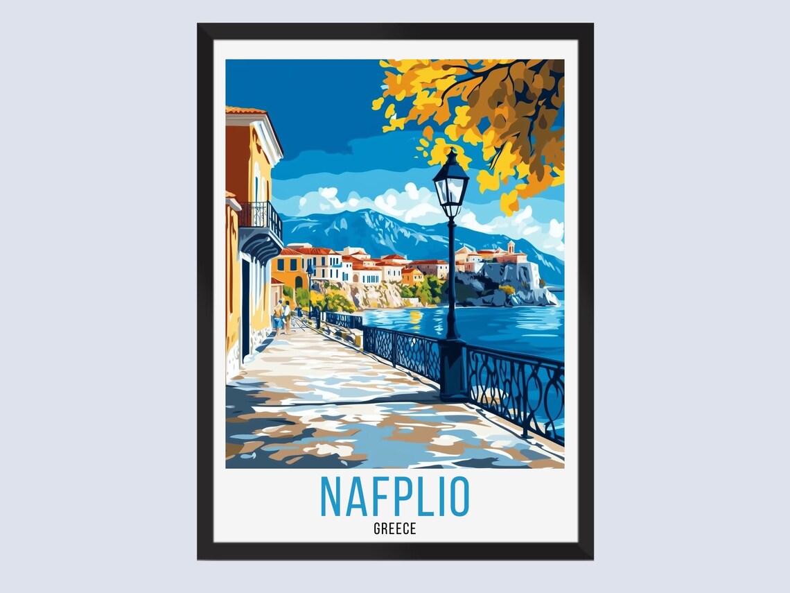 Nafplio Greece Seaside Promenade Lamp Post Vintage Travel Poster