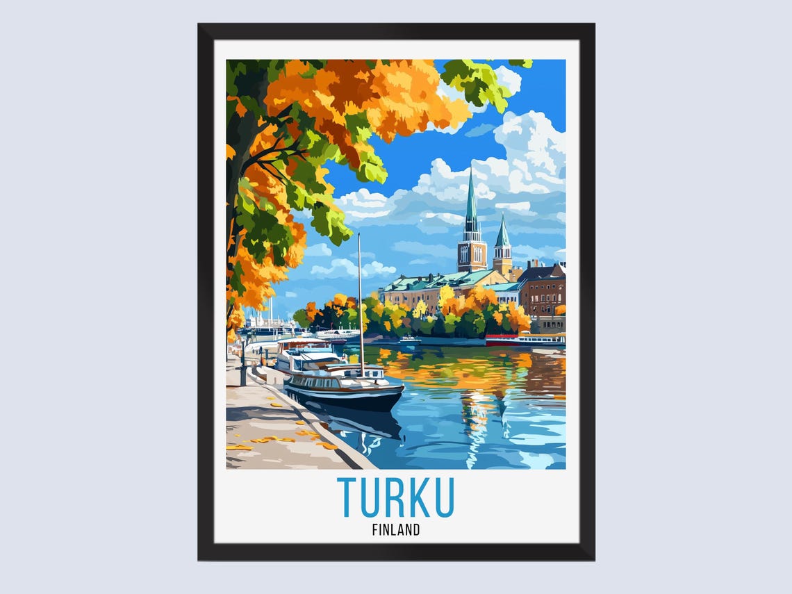 Turku Finland Autumn Riverside Old Town Vintage Travel Poster