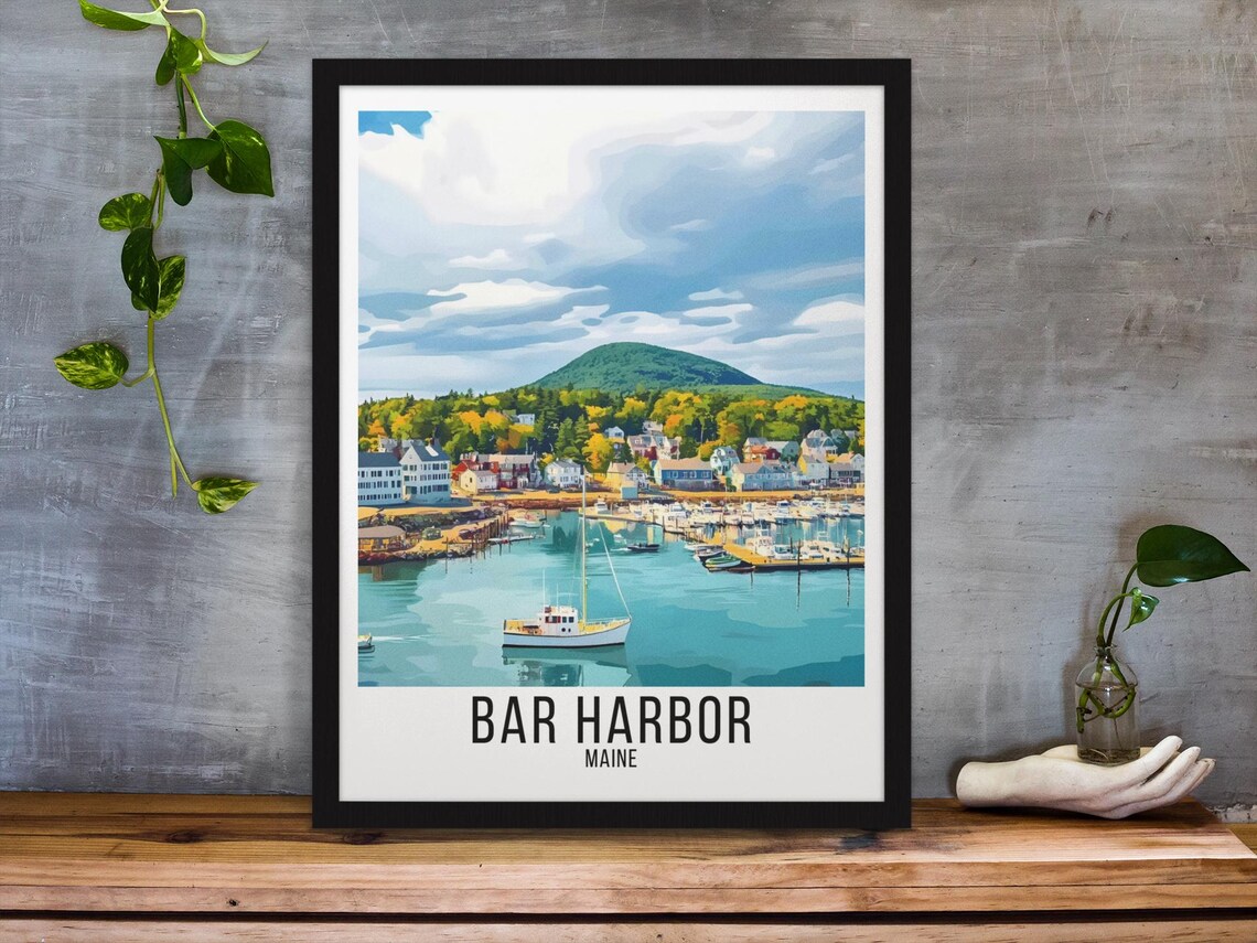 Bar Harbor Maine Harbor Sailboats Mountains Vintage Travel Poster