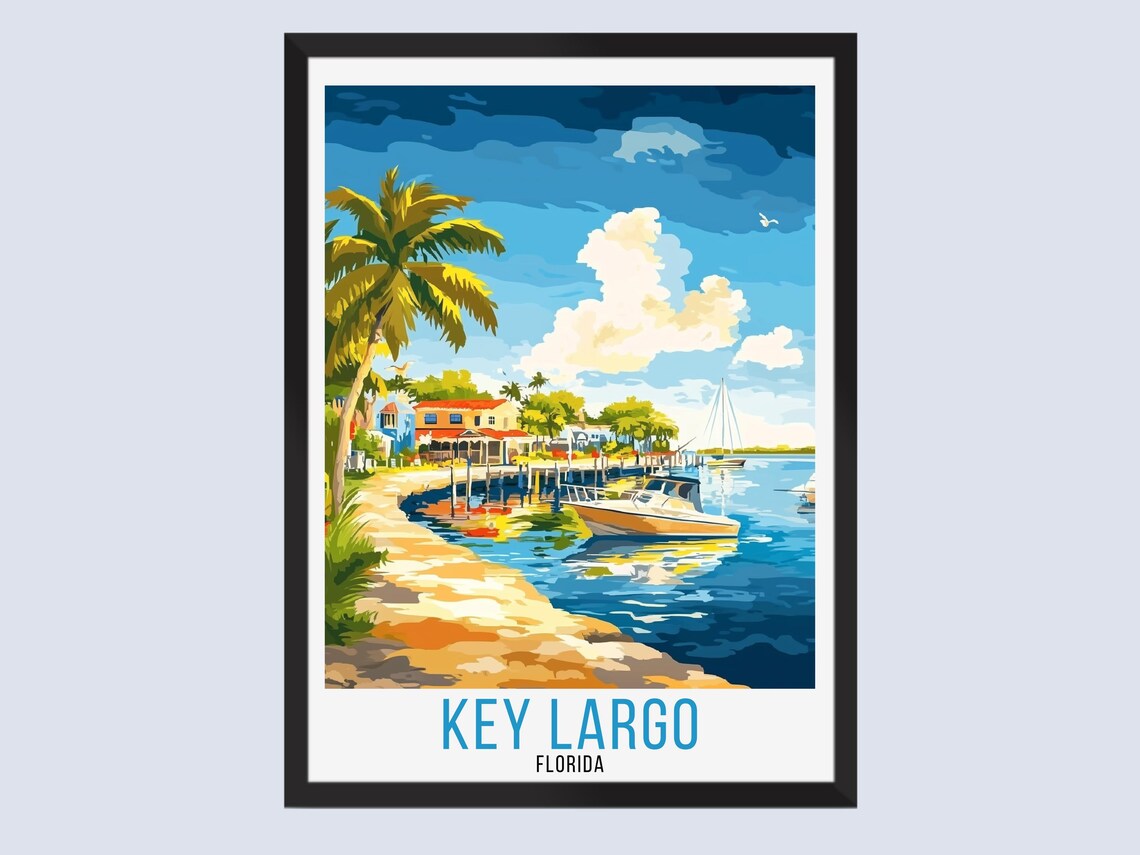 Key Largo Florida Vintage Travel Poster Palm Tree Beachfront Boats Art