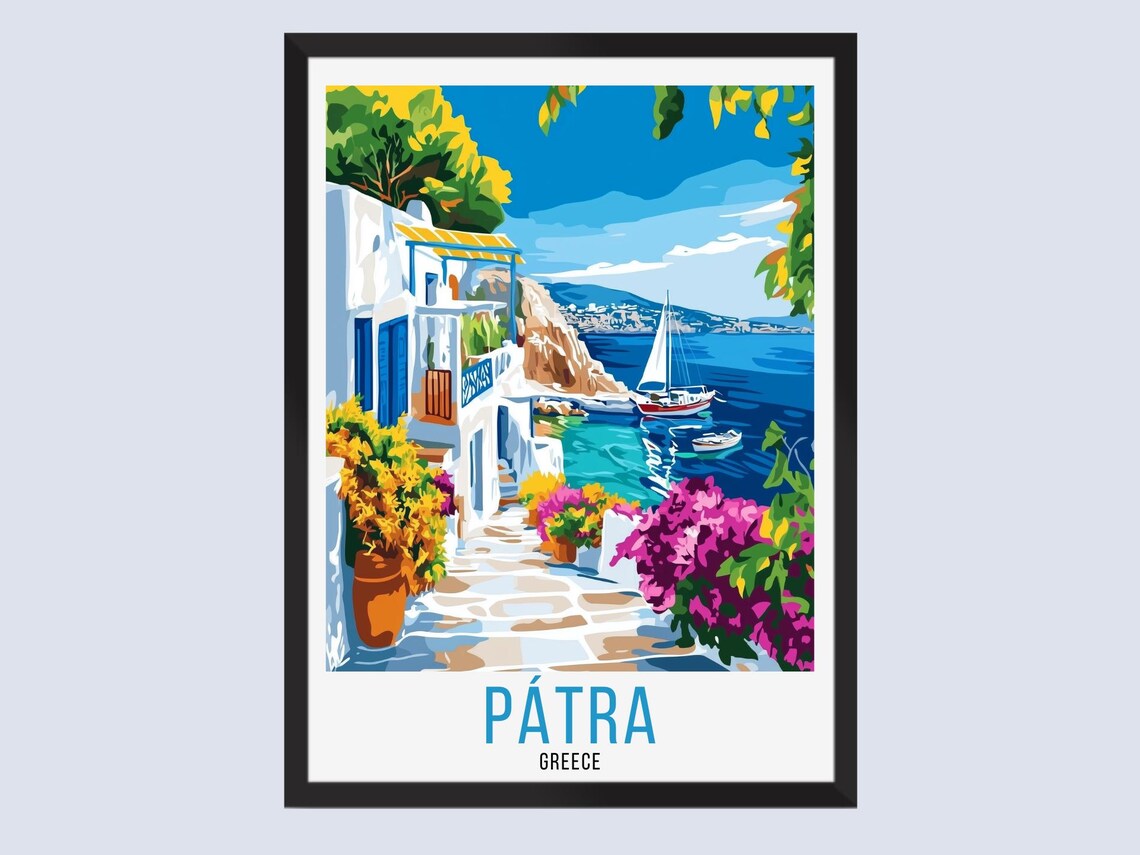Patra Greece Vintage Travel Art Whitewashed Lane and Sailboats Poster