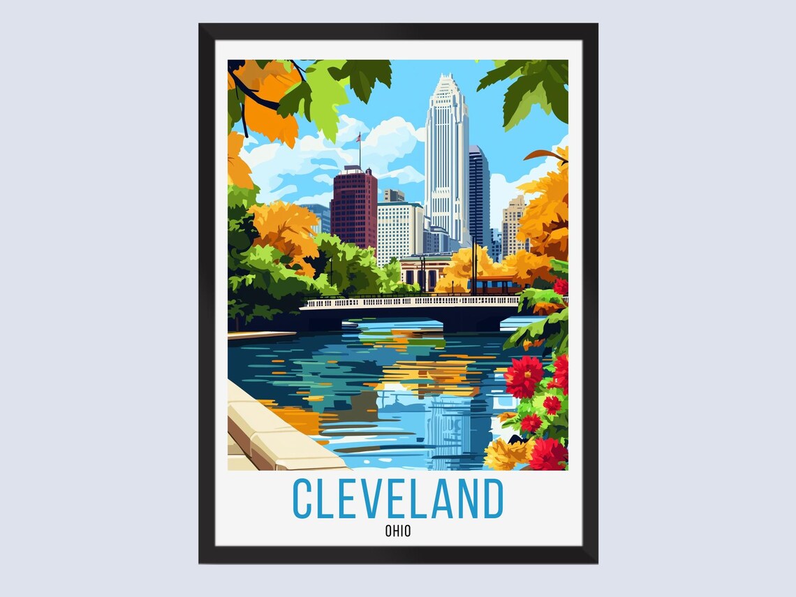Vintage Cleveland Ohio Autumn River Skyline Travel Art Poster
