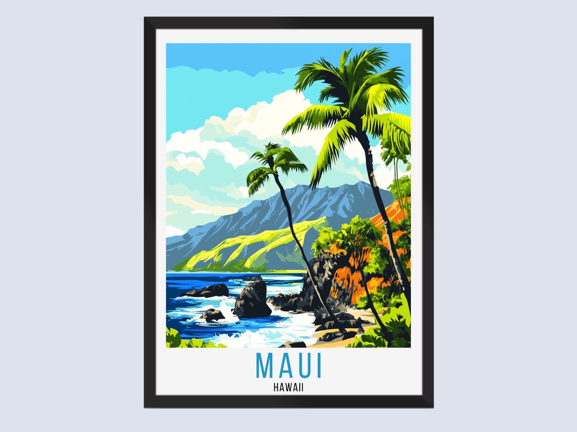 Maui Hawaii Palm Trees Rocky Coast Mountains Vintage Travel Poster