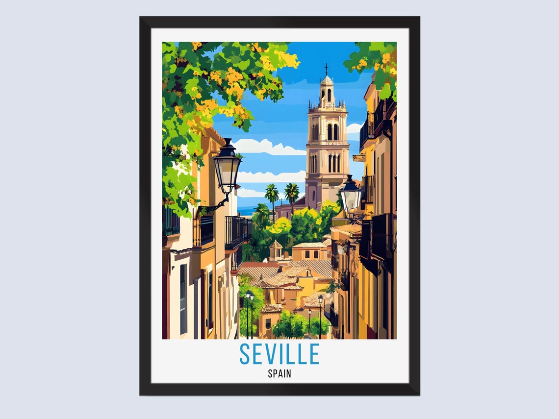Seville Spain Old Street Bell Tower Orange Trees Travel Poster