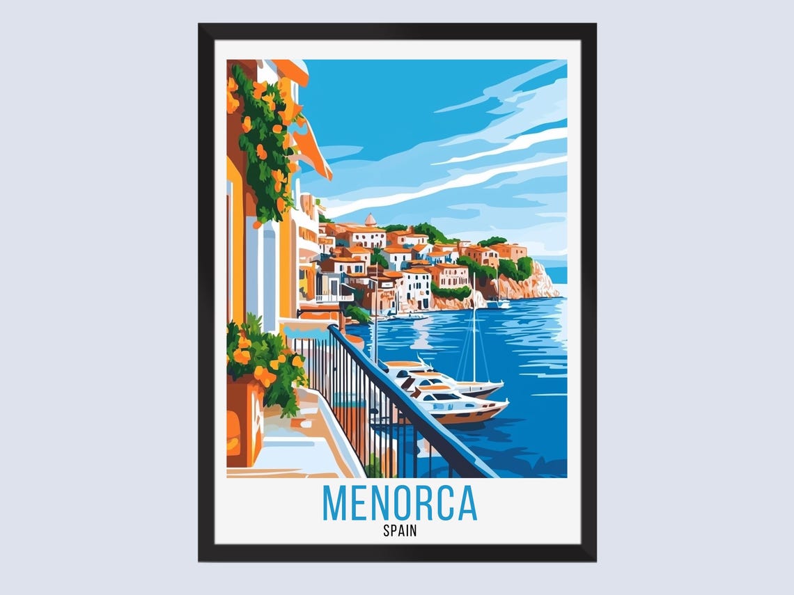 Menorca Spain Vintage Travel Poster With Harbor Balcony View