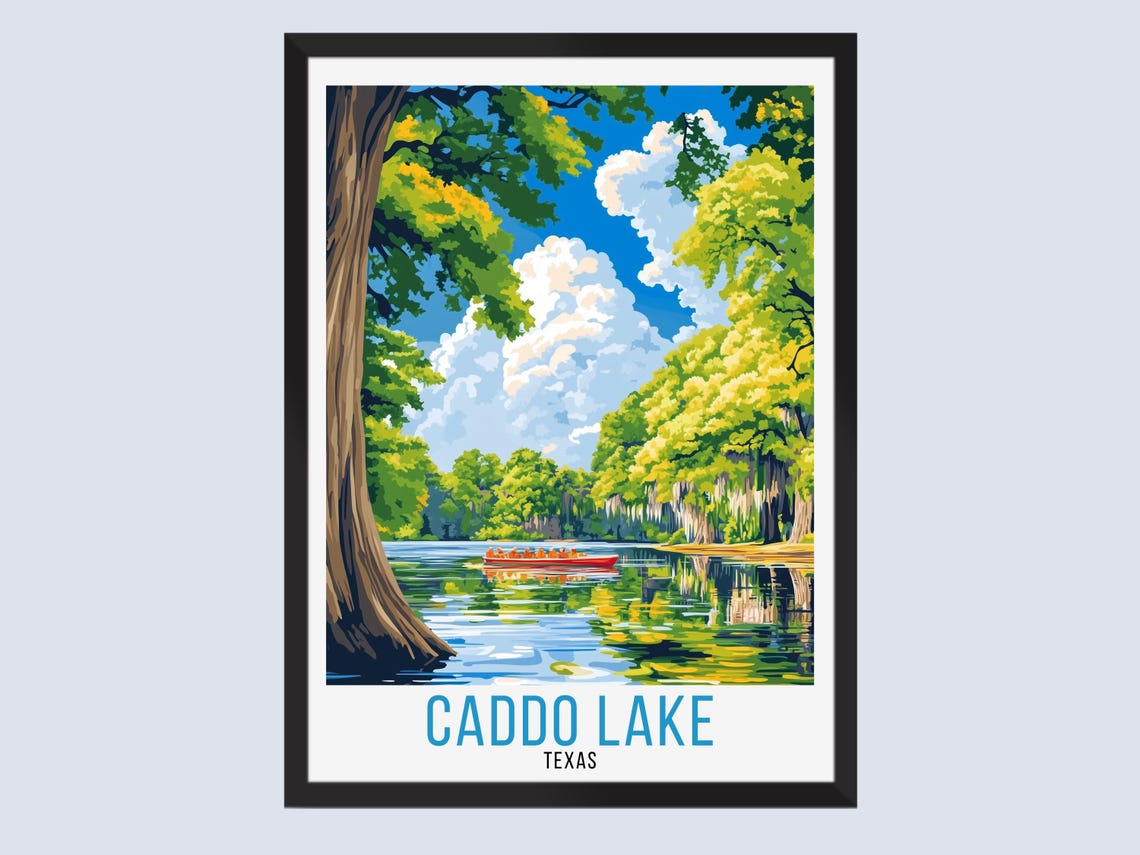 Caddo Lake Texas Travel Poster Retro Red Canoe Cypress Forest Scene