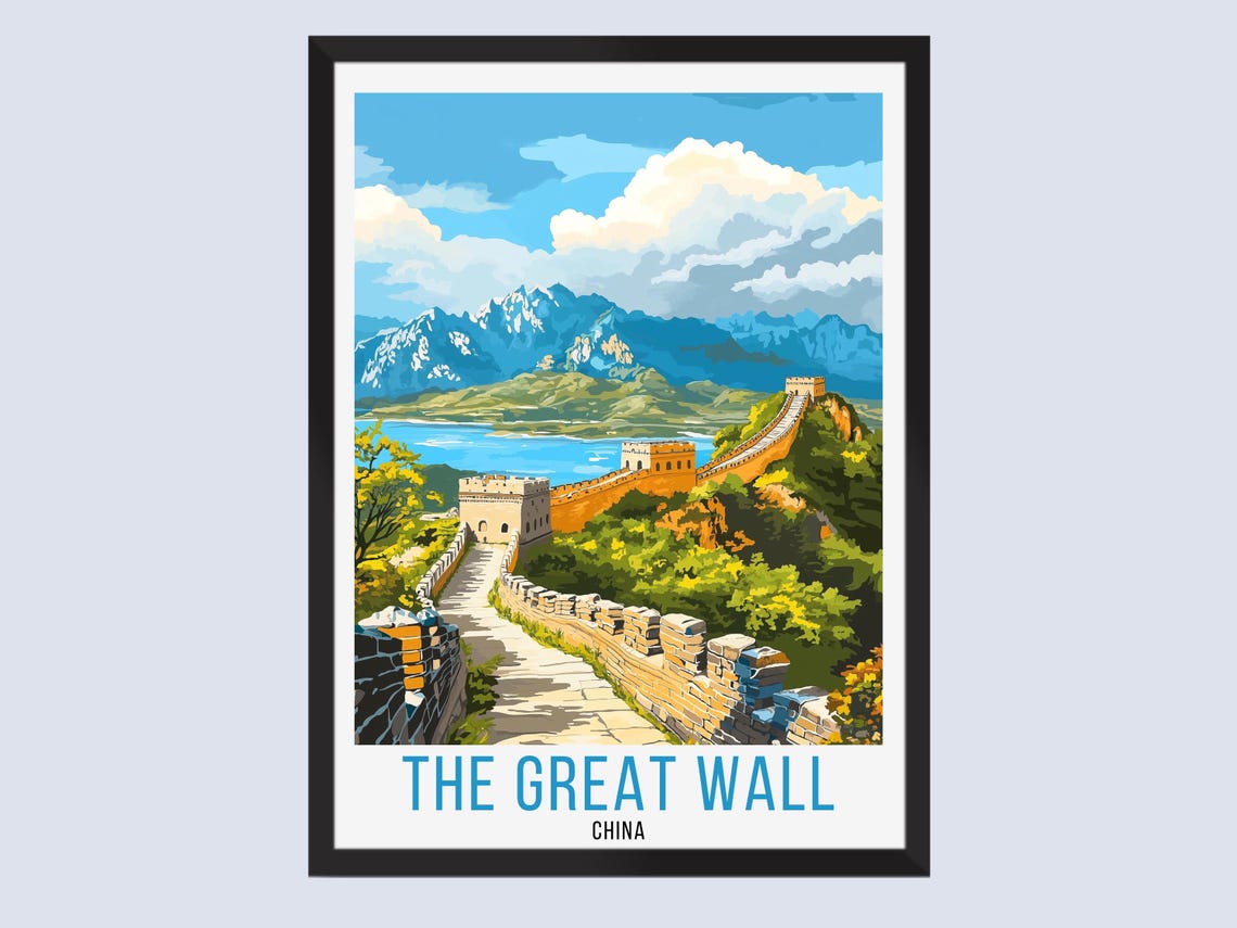 Great Wall China Winding Wall Hills Lake View Retro Travel Poster