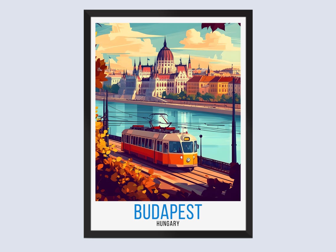Budapest Hungary Parliament Danube Tram Autumn Vintage Travel Poster