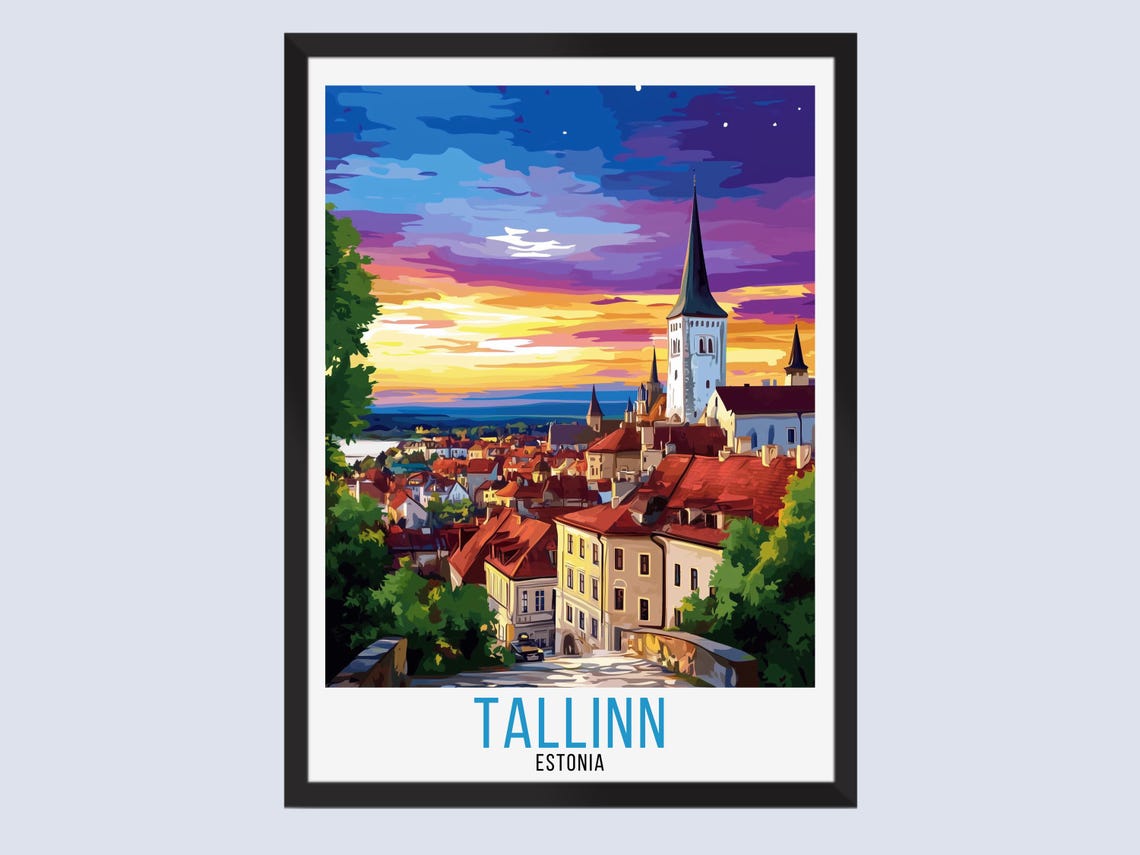 Beautiful Tallinn Estonia Old Town Sunset Skyline Travel Poster