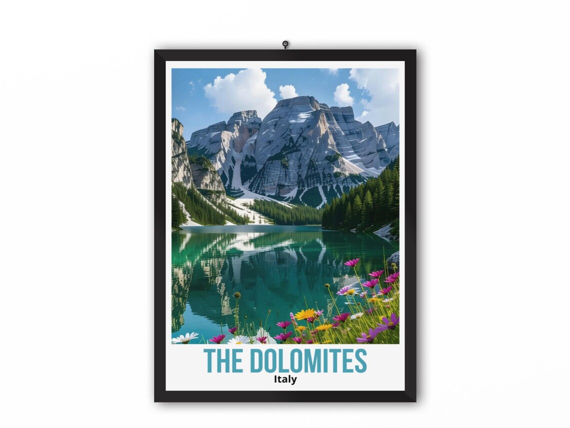 Dolomites Italy Alpine Lake Wildflowers Mountain Travel Poster