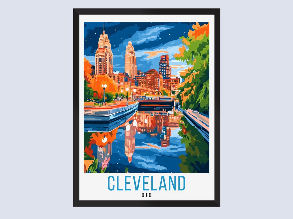 Cleveland Ohio Night Skyline River Reflection Travel Art Poster