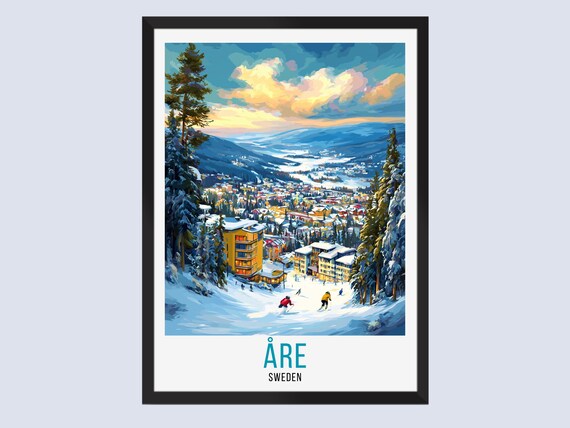 Åre Sweden Ski Resort Snowy Mountain Village Vintage Travel Poster