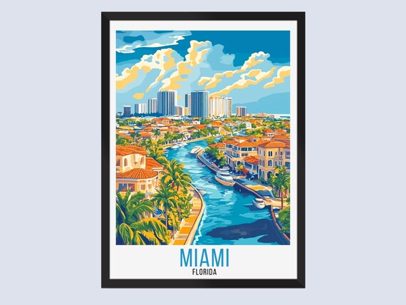 Miami Florida Vintage Travel Poster Colorful Canal City Skyline Art