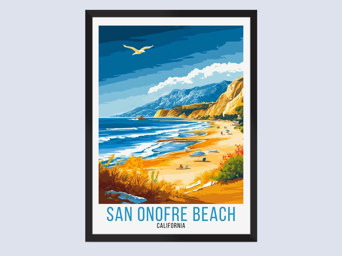 San Onofre Beach California Vintage Travel Art Golden Cliffs Poster