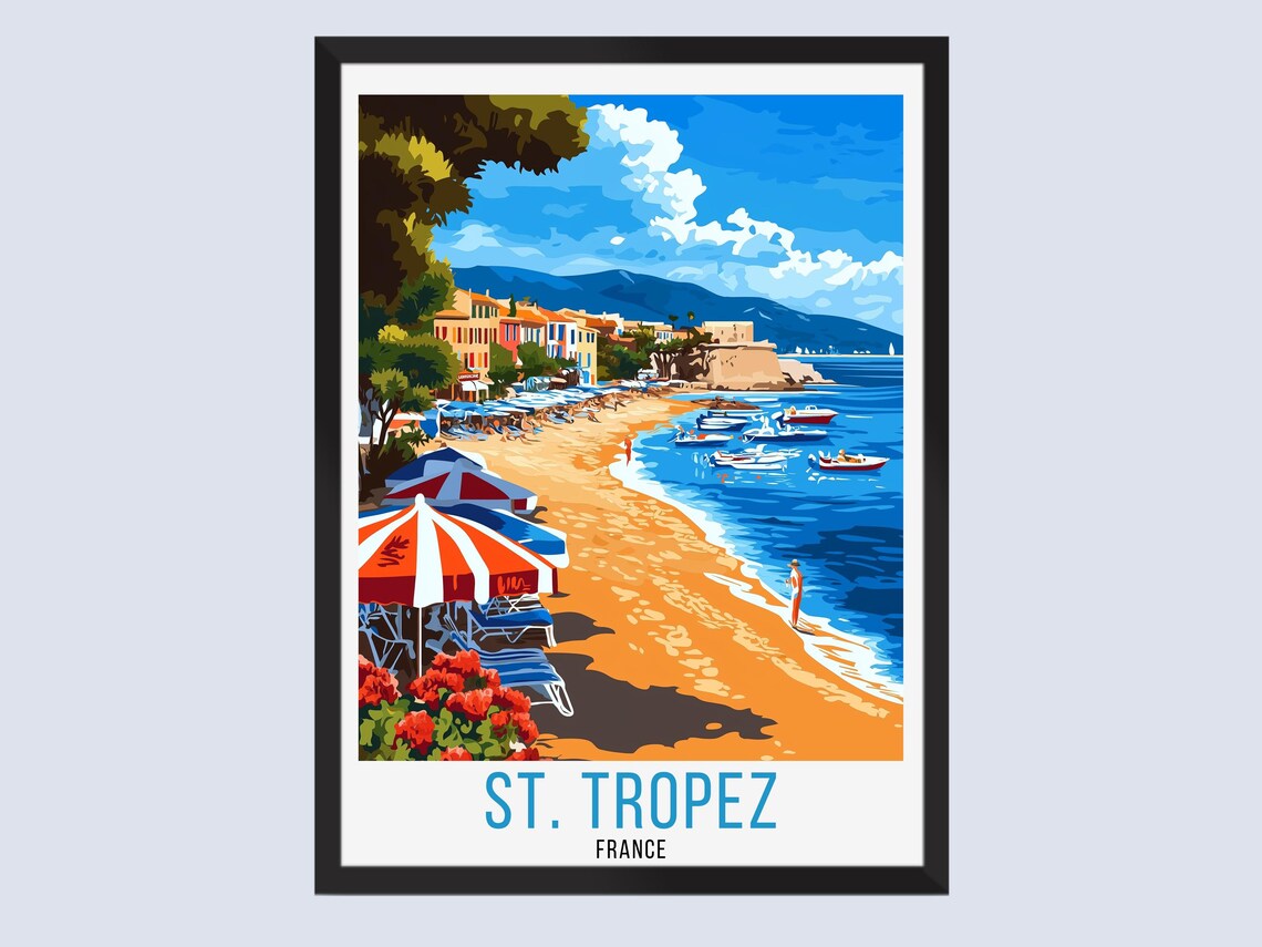 St Tropez France Beach Umbrellas Colorful Coast Travel Poster