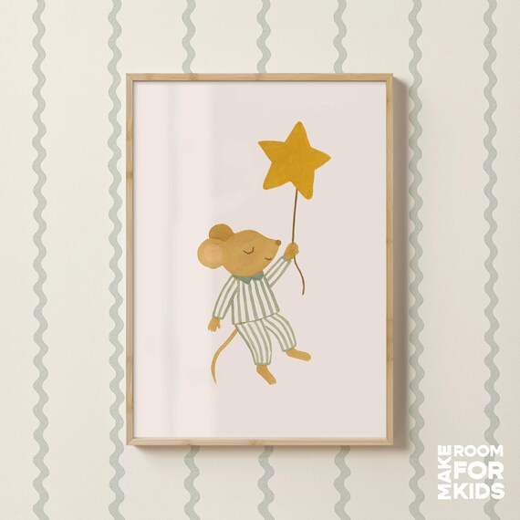 Little Mouse Pajamas Star Balloon Bedtime Nursery Art Sweet Print