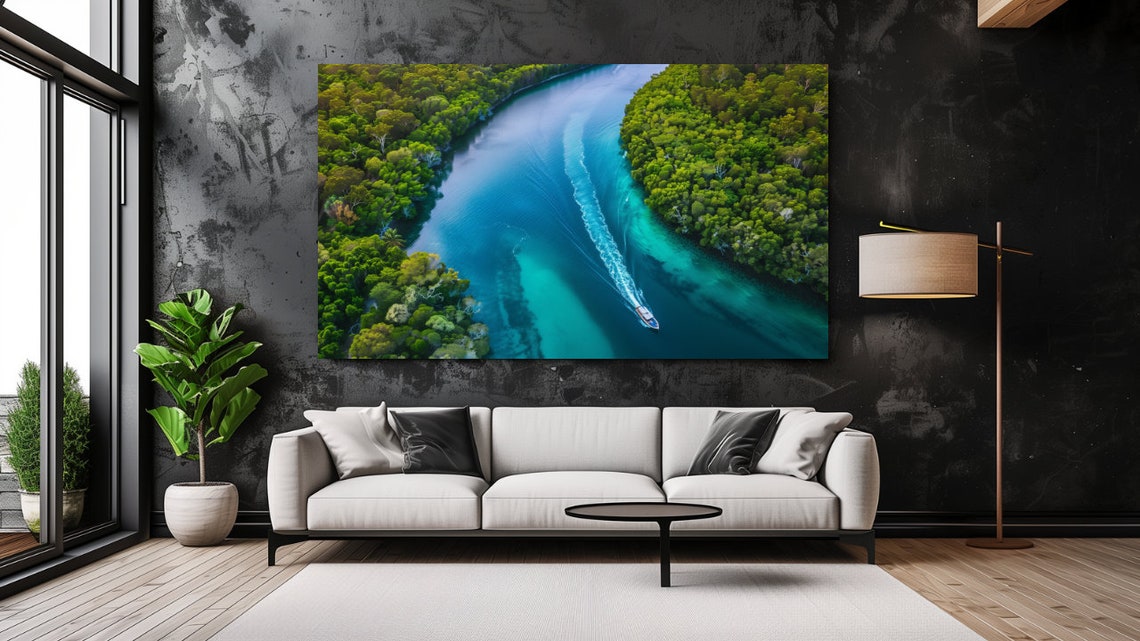 Turquoise River Aerial Boat Wake Lush Green Forest Drone View Poster