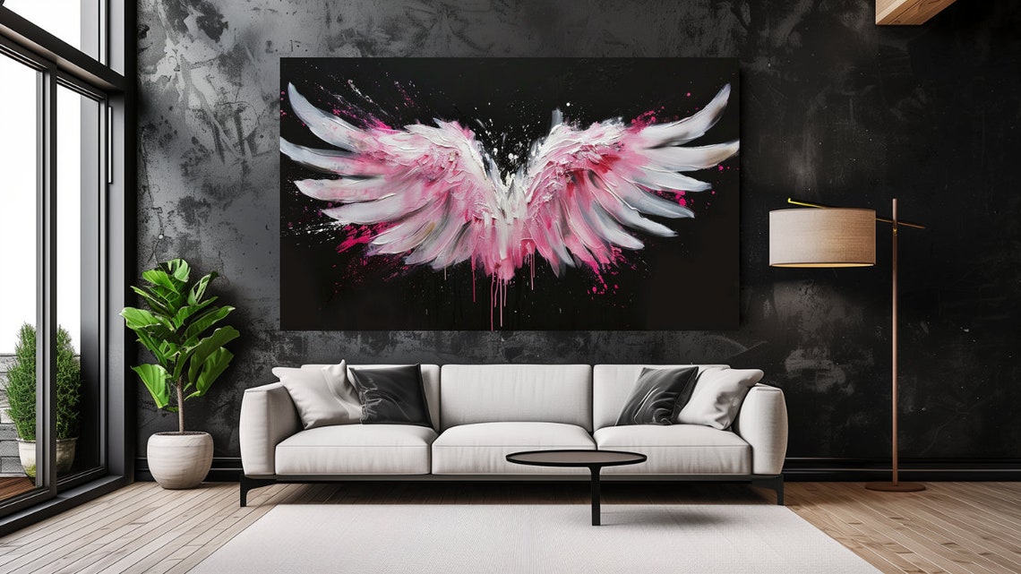 Pink White Angel Wings Black Paint Splatter Bold Dramatic Poster